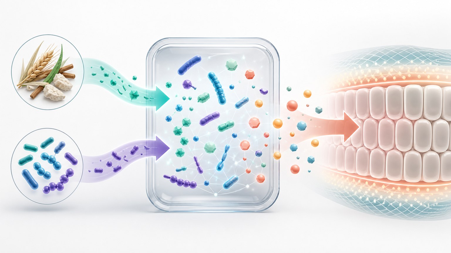 Synbiotic gut ecosystem Mechanism Diagram example generated for a scientific mechanism figure page