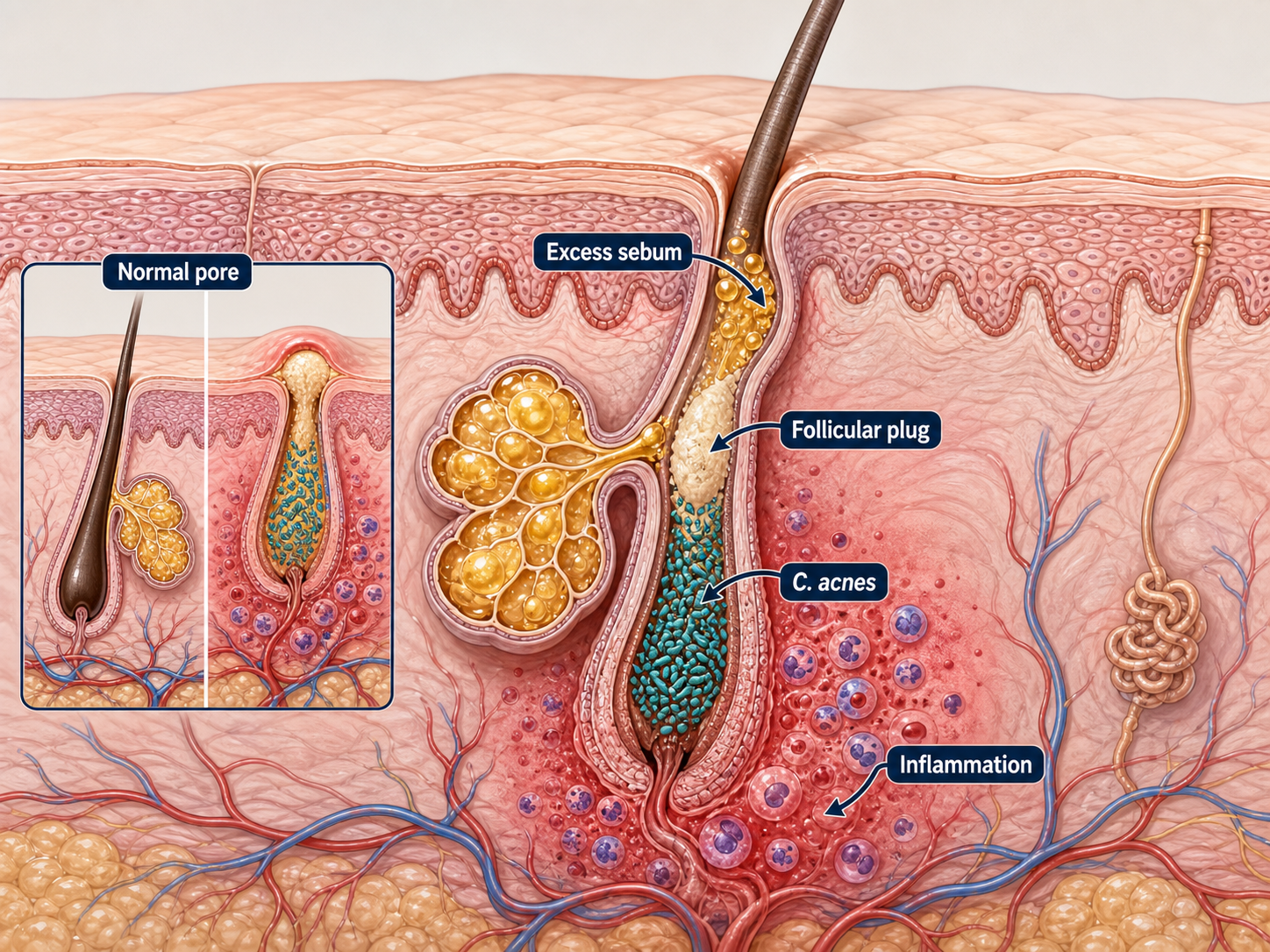 Acne sebum pathway example generated for a scientific mechanism figure page