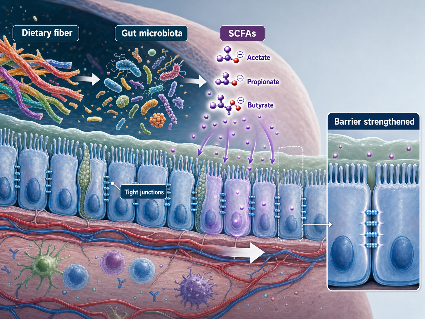 Fiber to SCFA in gut Mechanism Diagram example generated for a scientific mechanism figure page