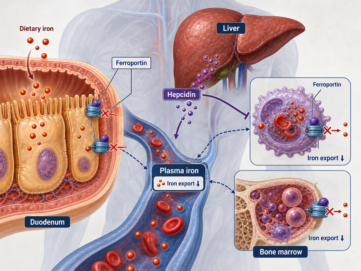 Iron metabolism & hepcidin Mechanism Diagram example generated for a scientific mechanism figure page