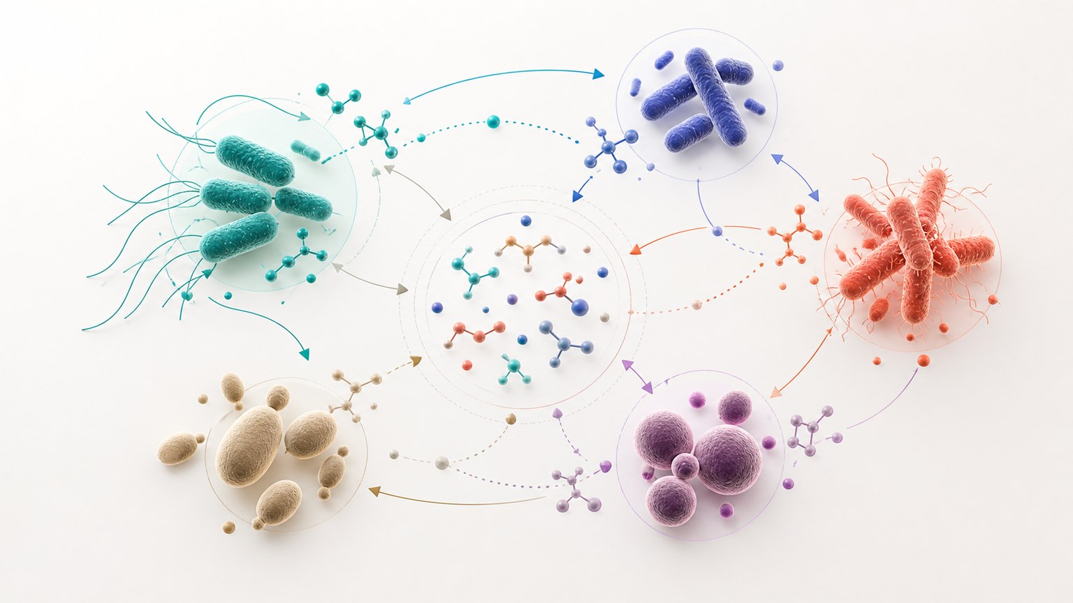 Microbial community interaction network Mechanism Diagram example generated for a scientific mechanism figure page