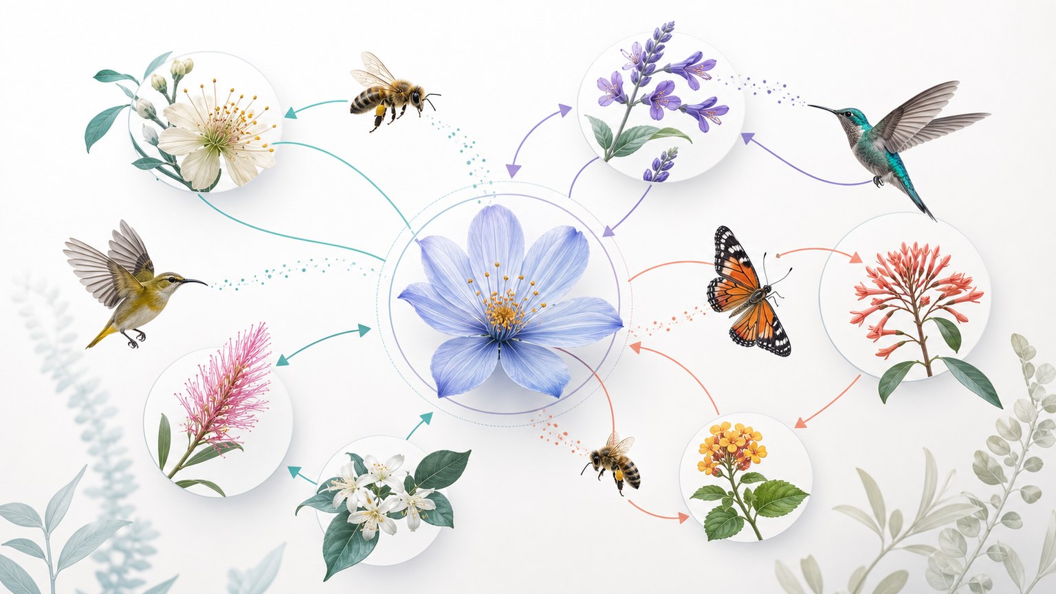 Pollination biodiversity network Mechanism Diagram example generated for a scientific mechanism figure page