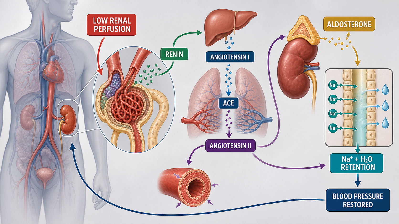 RAAS blood pressure Mechanism Diagram example generated for a scientific mechanism figure page